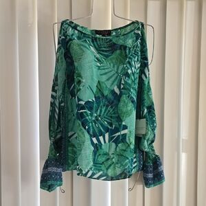 Laundry By Shelli‎ Segal Tropical Green Leaf Print Blouse Open Shoulders Size S